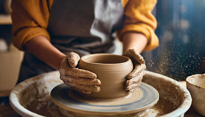 Fototapeta na wymiar woman's hands shaping clay on pottery wheel, embodying creativity and artisanal craftsmanship 