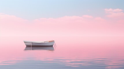 a boat floating on top of a body of water with a pink sky in the background and clouds in the sky.