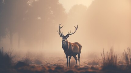 A deer standing in a misty forest, suitable for nature themes