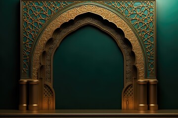 A green wall with a gold arch and a clock. Perfect for interior design concepts