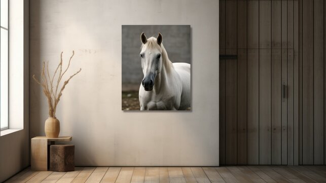 a white horse standing in a room next to a vase with a plant in it and a picture of a white horse on the wall.