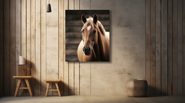 a brown horse standing in a room next to two stools and a painting of a brown horse on the wall.