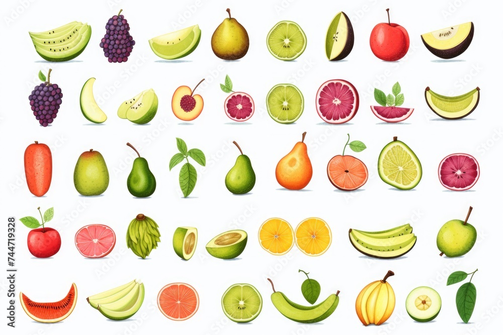 Poster various types of fresh fruit displayed on a plain white background. ideal for healthy eating concept