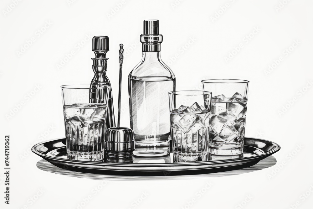 Poster a drawing of a tray with glasses and bottles. suitable for bar and restaurant concepts