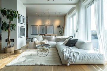 Scandinavian Home Living Room Interior with White Sofa and Armchairs