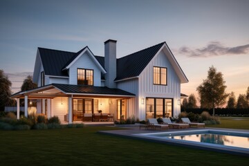 Fototapeta premium A white house with a pool in front of it. Ideal for real estate or vacation concepts