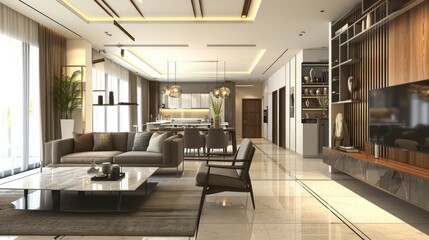 Contemporary Apartment Living: Modern Interior Design Featuring Sofa, Dining Room, and Stylish Decor