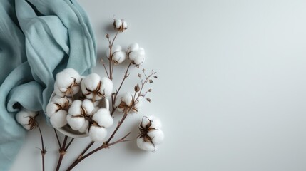 a bunch of cotton sitting on top of a table next to a teal blue cloth and a pair of scissors. - obrazy, fototapety, plakaty