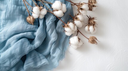 a bunch of cotton sitting on top of a blue piece of cloth next to a twig and twig. - obrazy, fototapety, plakaty