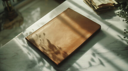 Laptop on white marble table with shadow of plant in sunlight.