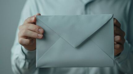 Close up image of a man holding a blank white envelope with copy space