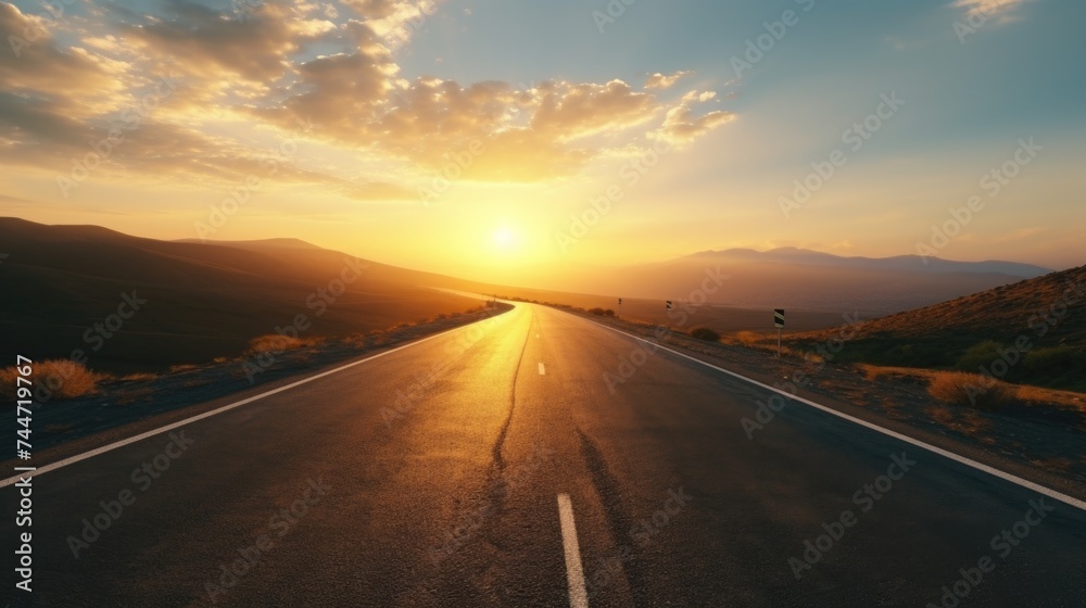 Poster a scenic view of the sun setting over a winding road in the mountains. perfect for travel and nature