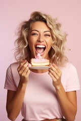 Woman holding a piece of cake in front of her face. Ideal for food and celebration concepts