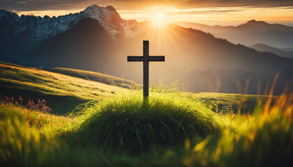 Silhouette Christian cross on grass in sunrise, symbolizing hope and faith in divine grace - obrazy, fototapety, plakaty