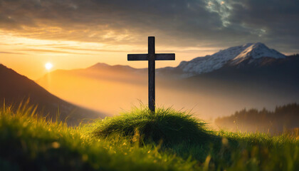 Silhouette Christian cross on grass in sunrise, symbolizing hope and faith in divine grace