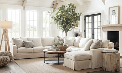 modern living room with clean white couches, large windows, black window door frame, comfy den family room with chic farmhouse decor - obrazy, fototapety, plakaty