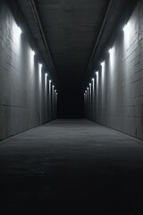 A long dark tunnel with lights on each side. Suitable for various concepts - obrazy, fototapety, plakaty