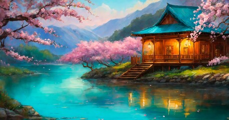 house on the lake. Blooming pink trees. Scenery. Nature. Drawing, illustration.
