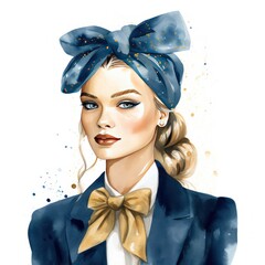 Stylish Blue and Gold Watercolor Fashion Girl Clipart with Tailored Blazer and Headband