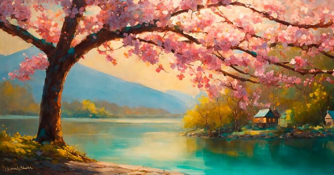 spring landscape with trees. house on the lake. Blooming pink trees. Scenery. Nature. Drawing, illustration.