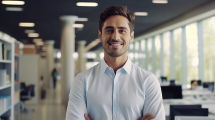 Fototapeta premium A man standing with crossed arms in an office. Suitable for business concepts