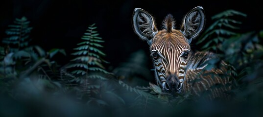 Naklejka na ściany i meble Zebra gazing from within lush, shadowy tropical jungle foliage, blending into natural habitat.