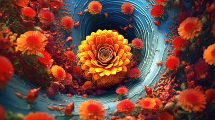 Fototapeta na wymiar A spiral with red flowers, Bright color