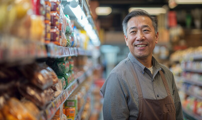 Asian man working at a market bodega local grocery store. Owner, manager, happy, stocking shelves, food, bread, cans,  - obrazy, fototapety, plakaty
