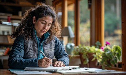 Causal professional woman sitting at a desk at home doing paper work, journaling. Senior woman hiking vest, long hair, 40s, 50's, 60's 