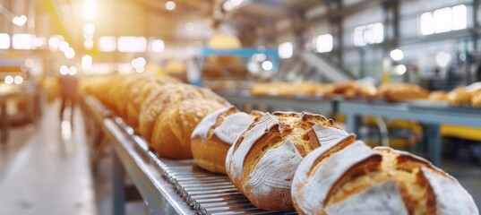 Fototapeta na wymiar Freshly baked bread loaves on automated conveyor belt in busy bakery production line.
