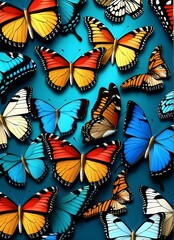 Colors of rainbow. Pattern of multicolored butterflies morpho, texture background.
