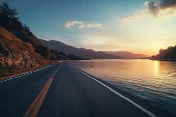 A scenic road running alongside a peaceful body of water. Perfect for travel and nature themed designs