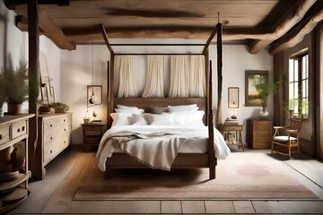 A rustic bedroom with exposed wooden beams, a vintage four-poster bed, and soft, earthy hues that evoke a sense of comfort and relaxation