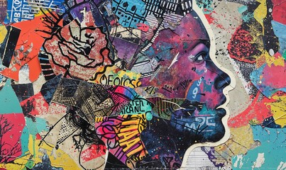Fototapeta premium Mental health concept collage. Psychology and therapy to treat depression, happy. Woman dealing with thoughts, overwhelmed, profile view, music, colors.