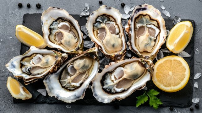 Exquisitely arranged oysters dish, high resolution hyperrealistic top view close up