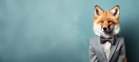 Anthropomorphic fox in business suit at office, studio shot with copy space on plain wall.