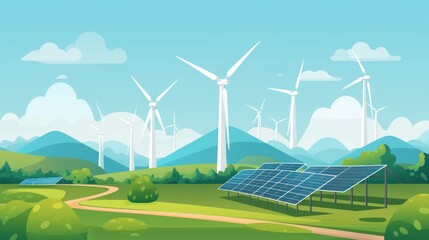 Sustainable Energy Wind Turbines and Solar Panels on Green Background