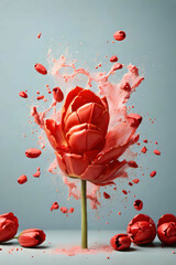 Red tulip petals scatter in all directions,  flower explosion closeup. Interesting unusual concept of an image of a spring flower. Powerful explosion of buds and emotions, splash, storm on blue-gray 