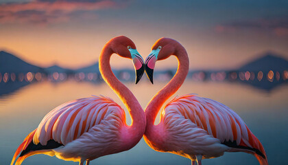 Two flamingos create heart shape at sunset, symbolizing love and togetherness