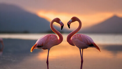 Two flamingos create heart shape at sunset, symbolizing love and togetherness