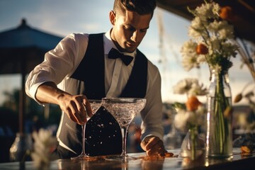 A man in a tuxedo pouring a drink. Suitable for celebrations and formal events