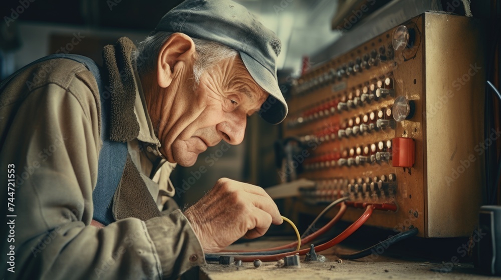 Poster an elderly man working on a circuit board. suitable for technology concept