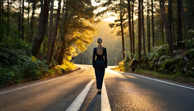 Silhouette of slender Caucasian businesswoman at road junction, symbolizing choices, decisions, and uncertainty