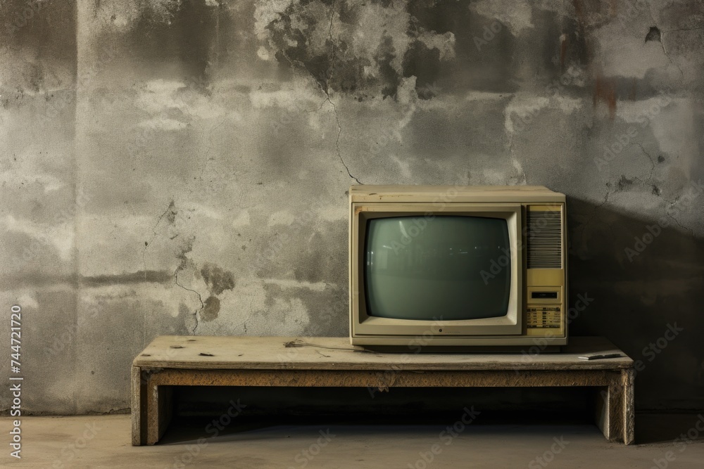 Aufkleber an old television set placed on a wooden table. suitable for retro technology concepts