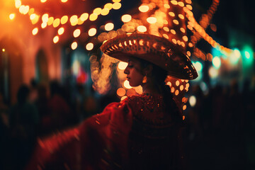 Fabulous Cinco de Mayo dancer woman in Sombrero in the streets: Side profile (distant)