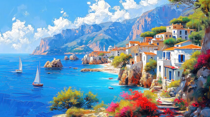 Fototapeta premium Oil painting of a small town on the Mediterranean Sea, mountains in the background, beautiful summer weather.