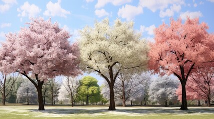 A row of four trees in a park. Suitable for nature and landscaping concepts