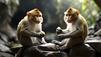 The image features two monkeys sitting on rocks, one of them holding a banana in its hand. They appear to be engaged in conversation or observing something together. The monkey with the banana is on t