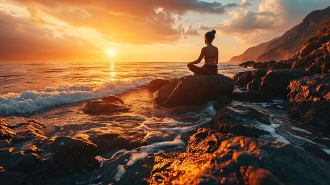 Serene woman enjoying sunset by the sea and meditation with Theta Healing,
