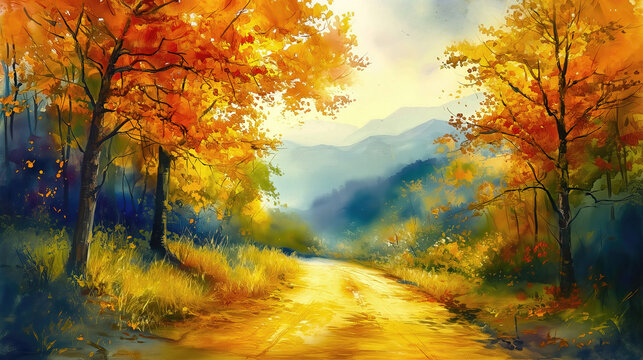 An autumn trees with orange yellow leaves, beautiful autumn landscape, oil painting  on canvas.